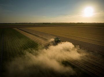 Combine die tarwe oogst in de zomer, van bovenaf gezien van Sjoerd van der Wal