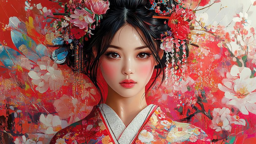 Japanische Frau im roten Kimono von Lufy