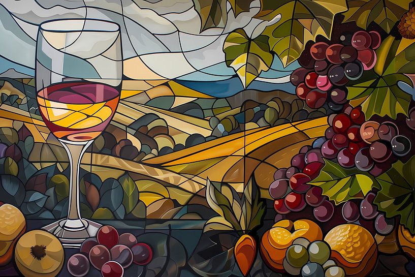 Kubistisch landschap met wijn en druiven van Art & Soul Creations