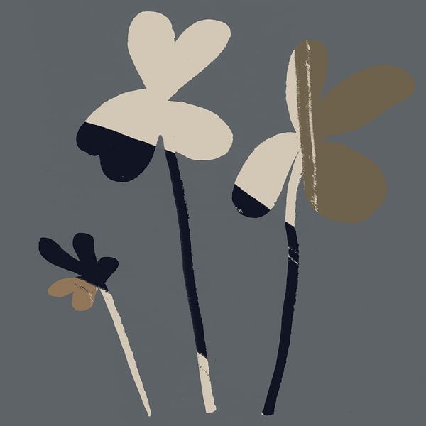 Abstrakte, minimalistische Botanik. Blumen in neutralen Farben auf Grau. von Dina Dankers