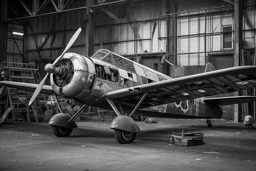 Altes Vintage-Propellerflugzeug im Flughafenhangar, Schwarz-Weiß-Fotografie von Animaflora PicsStock