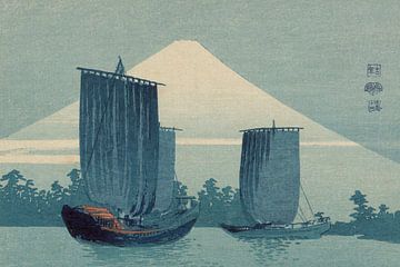 Gravure sur bois japonaise ukiyo-e Voiliers et Mont Fuji par Uehara Konen sur Dina Dankers