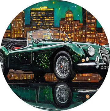 De klassieke Jaguar XK120 uit 1951 met stadsgezicht