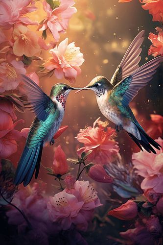 Twee vliegende kolibries