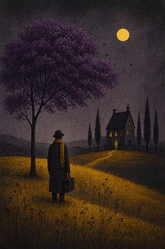 Melancholic Storybook Folk Art – Solitary Traveler Approaching a Quiet House Beneath a Golden Moon
