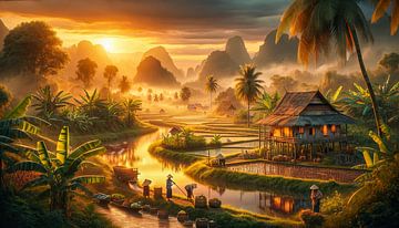 Sunset over Southeast Asian Village by Jeroen Kleiberg