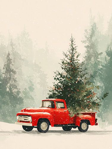 Roter Oldtimer-LKW mit Weihnachtsbaum - stimmungsvolle Winterszene im Schnee von But First Framing