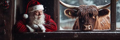 Kerstman en hooglander delen een moment van rust