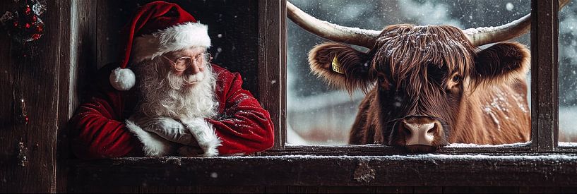 Kerstman en hooglander delen een moment van rust van Digitale Schilderijen