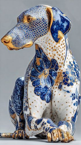 hond in delfts blauw en goud op een wit marmeren achtergrond