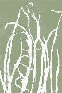Wit abstract gras in retrostijl. Moderne botanische minimalistische kunst in pastel saliegroen van Dina Dankers