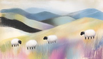 Pastel schapen in de bergen panorama van TheXclusive Art