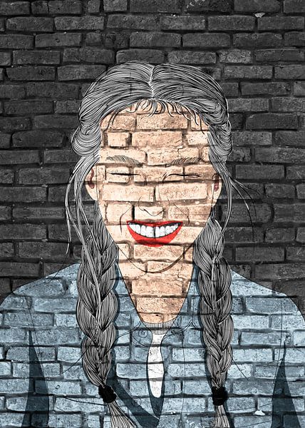 Lächelndes Mädchen Graffiti auf schwarzer Mauer von KalliDesignShop