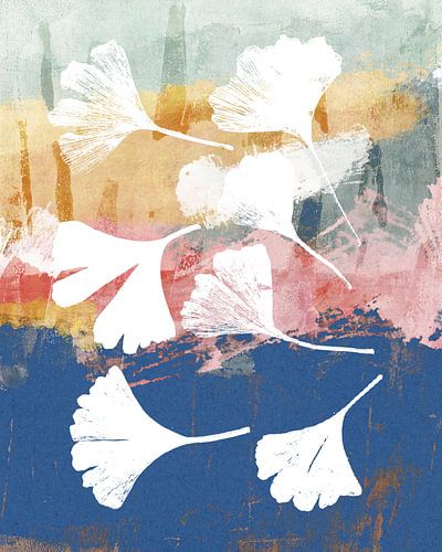 Abstracte botanische illustratie met ginkgo bladeren in blauw, roze, geel en groen.