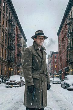 Man met pistool in besneeuwde straat van Markus Gann