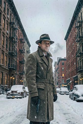 Man met pistool in besneeuwde straat