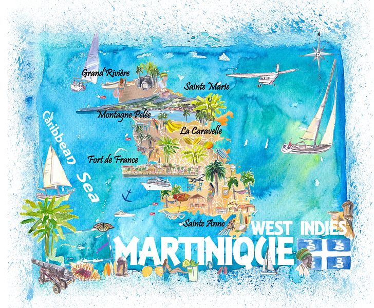 Martinique Antilles Illustrated Caribbean Travel Map with Highlights of the West Indies Dream by Markus Bleichner