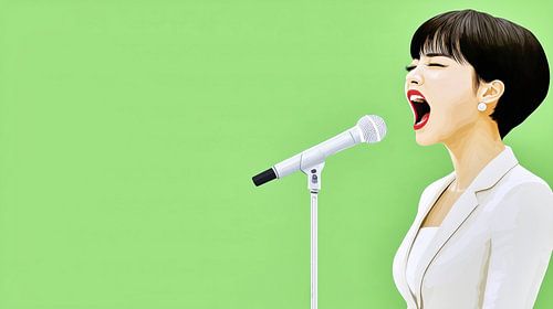 Aziatische vrouw zingt hartstochtelijk in de microfoon