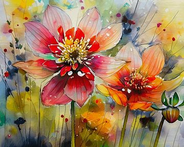 Modern en kleurrijk schilderij van Dahlia's in de border van Studio Pieternel