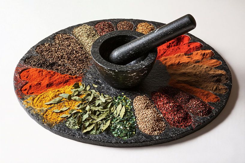 Mortar with colourful spices by Art & Soul Creations