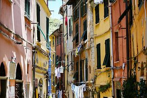 Porto Venere in Italien, typische enge Altstadtstraße mit bunten Häusern und Wäscheleinen, ausgewähl