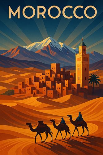 Marokko Art Deco Poster - Woestijnkaravaan en Atlasgebergte
