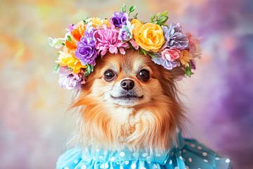 Puppy with flower wreath and dress by Poster Art Shop