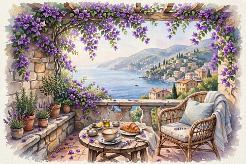 Une terrasse romantique en bord de mer, avec un café et un croissant