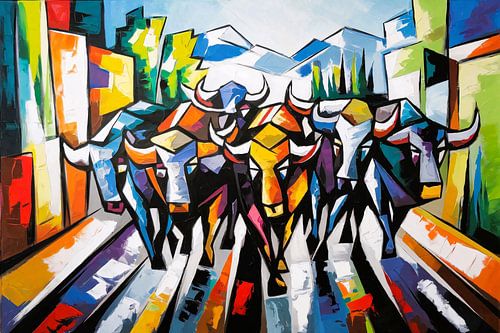 Kleurrijke stieren in abstracte stad