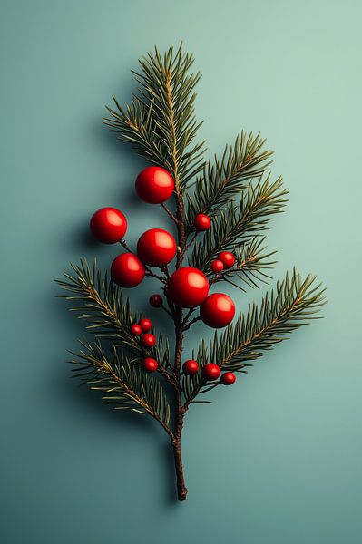 Festive Simplicity - Pine Branch with Red Berries by Eva Lee