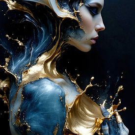 Sensueel verlangen - Erotische vrouw zwevend tussen lichaam en licht: fragment van een ziel van vloeiend marmer en gouden glans van AidasignArt