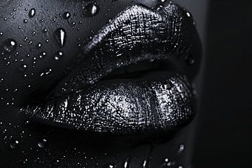 Zwart-witte lippen met glinsterende waterdruppels van De Muurdecoratie
