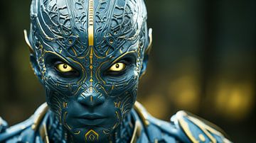 Portret van een futuristische blauwe buitenaardse machine cyborg man met gele ogen van Animaflora PicsStock