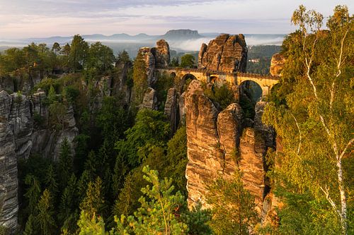 Bastei bridge at sunrise in summer by Daniela Beyer