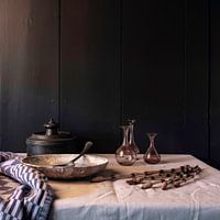 old dutch still life with pewter, pottery and old glass