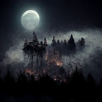 volle maan op donker bos van Rando Fermando