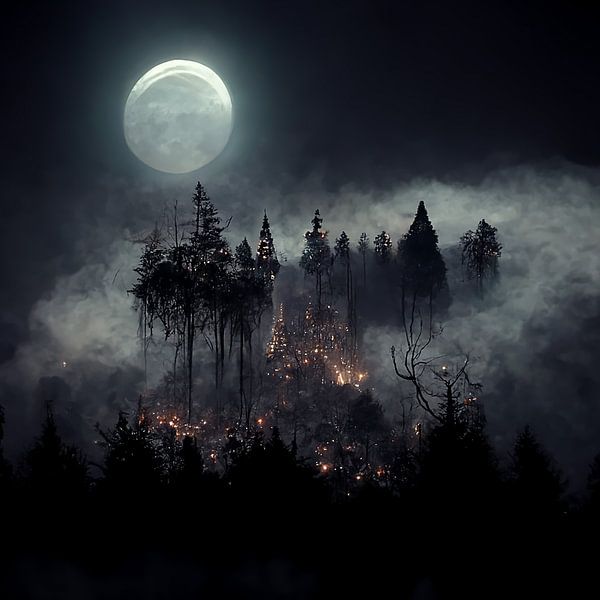 DIGITAL ART full moon on dark forest by Rando Fermando