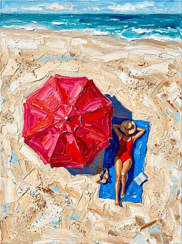 Sérénité estivale sur la plage – Peinture à l'huile en impasto colorée représentant une femme se reposant sous un parasol rouge