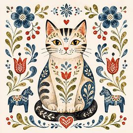 Chat du folklore scandinave avec des fleurs (IA) (animal de compagnie, chaton, joyeux, champêtre, cœur)