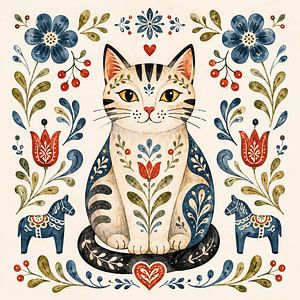 Chat du folklore scandinave avec des fleurs (IA) (animal de compagnie, chaton, joyeux, champêtre, cœur)