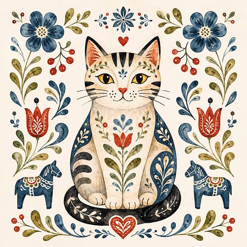 Scandinavische folklore kat met bloemen (AI) (huisdier, poes, vrolijk, landelijk, hartje)