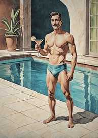 Gentleman am Pool mit Martini – Retro-Männerbild von Hecate Pim