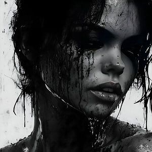 Portrait, eau boueuse, femme, honte