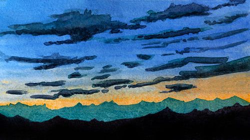 Morning has broken | Aquarel van een zonsopgang in de bergen