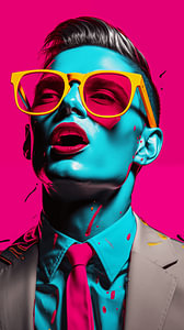 Abstraktes Pop-Art-Vintage-Mann-Porträt mit bunter Haut und Sonnenbrillen-Kunstwerk-Design vertikal