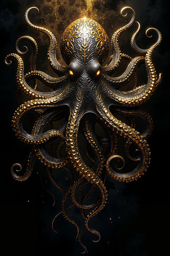 Fantasy Wall Art & Poster: THE GOLDEN KRAKEN – The Golden Octopus in the Eternal Depths of the Sea