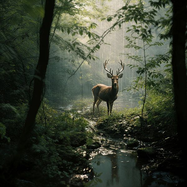 Mélodie apaisante de la pluie - Le cerf dans l'oasis de la forêt tropicale enchantée par Karina Brouwer