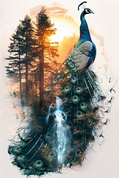 Waterfall and Peacock by Bernardine de Laat