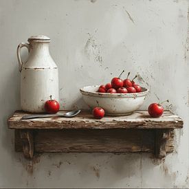 Ein Stilleben mit Milchkanne und Schüssel auf einem alten Holzbrett. von J.a Dijkstra