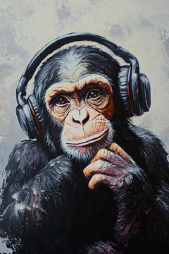 Nadenkende aap met koptelefoon van Poster Art Shop